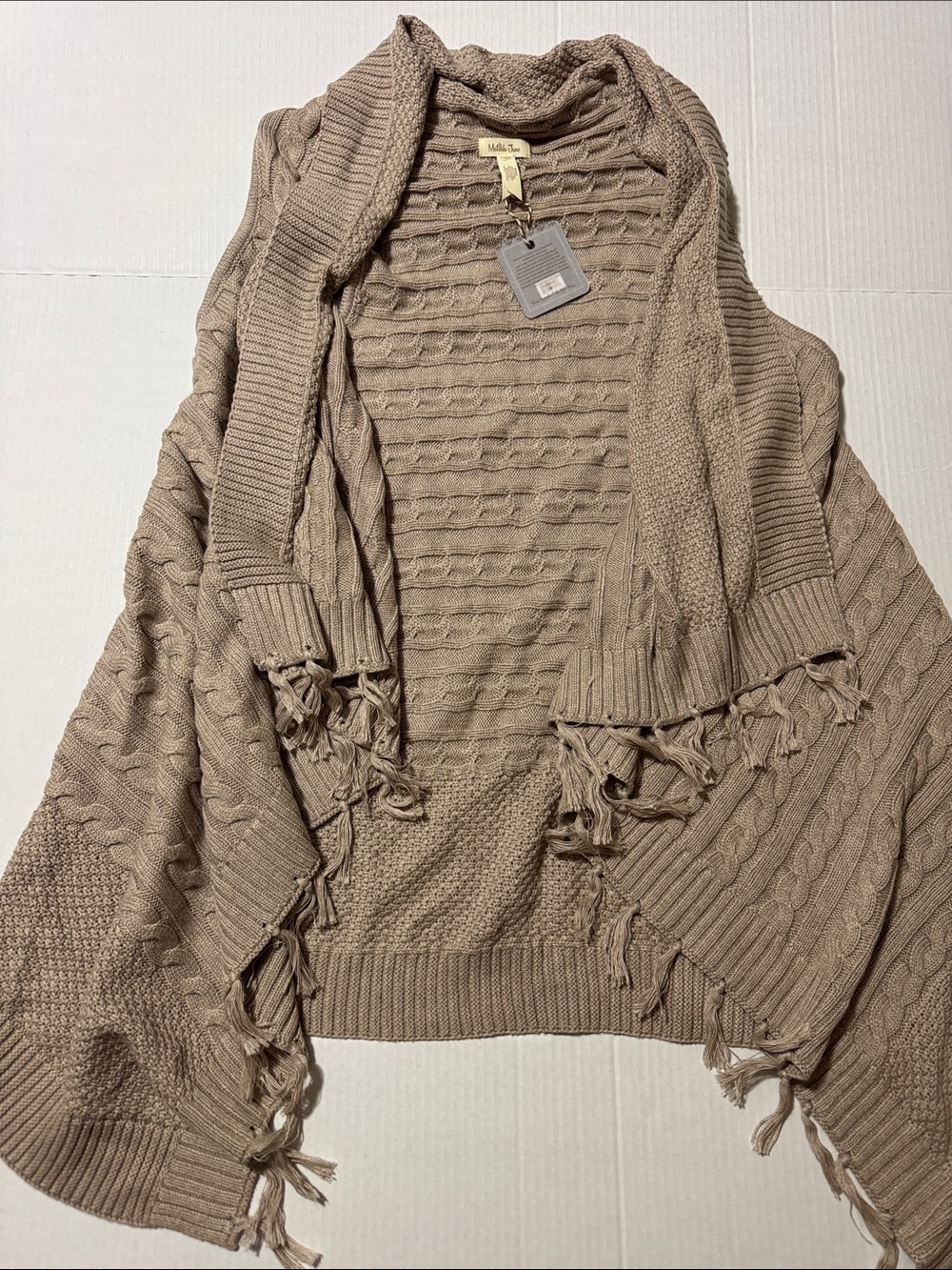 Matilda Jane Taupe Fringe Cable-Knit Poncho size M NWT 152